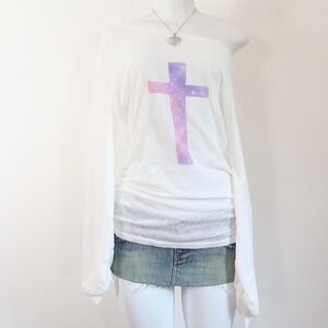 white galaxy cross off shoulder long sleeve y2k indie sleaze